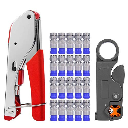 Coax Cable Crimper, Coaxial Compression Tool Kit Wire Stripper with 20 PCS F RG6 RG59 Connectors #3189 (Blue-F)