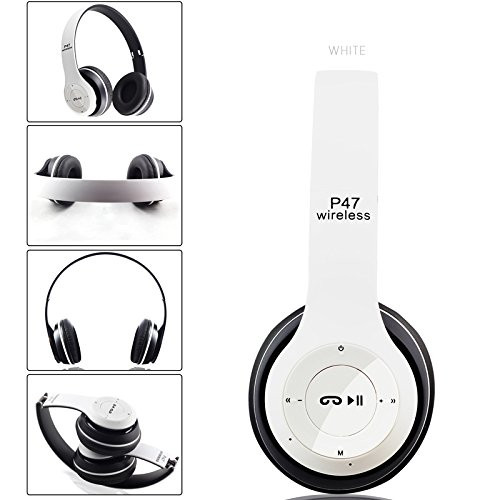 Wireless Headphones, P47 Bluetooth Over Ear Foldable Headset with Microphone Stereo Earphones 3.5mm Audio Support FM Radio TF for PC TV Smart Phones & Tablets etc (White)