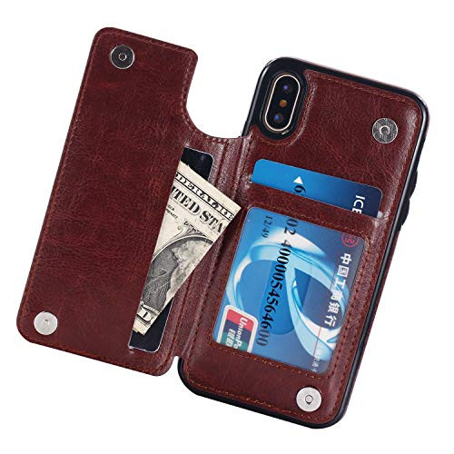 iPhone X Wallet Case with Card Holder, iPhone Xs Case, Brofans Premium PU Leather Kickstand Card Slots Case,Double Magnetic Clasp and Durable Shockproof Cover (Brown)
