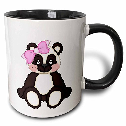 3dRose 210830_4 Cute Girl Panda Bear Illustration With A Pink Bow Ceramic Mug 11oz Black/White