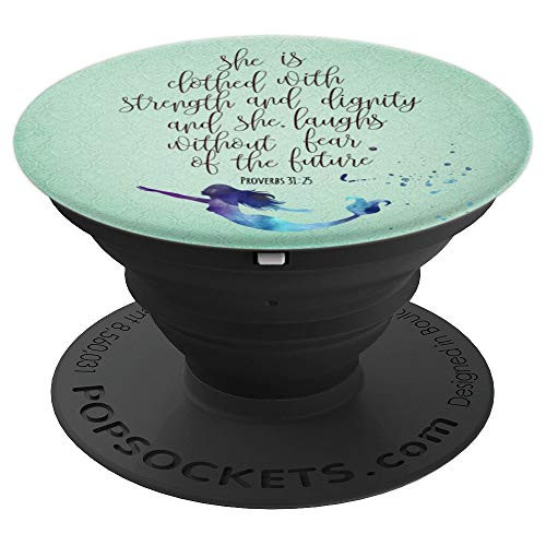 Bible Verse She is clothed in strength and dignity, Mermaid - PopSockets Grip and Stand for Phones and Tablets