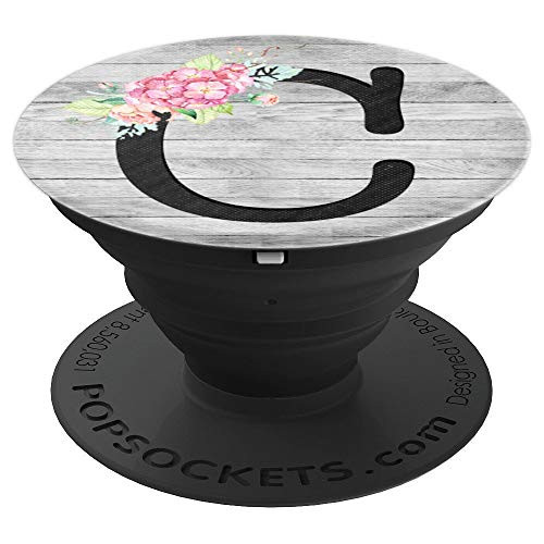Black Letter C Initial Monogram Floral Watercolor On Gray - PopSockets Grip and Stand for Phones and Tablets