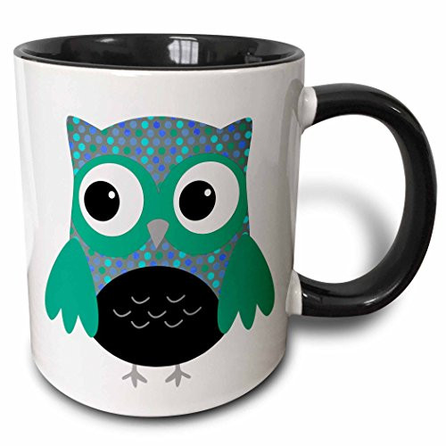 3dRose 61035_4 Cute Blue and Green Polka Dots Owl Ceramic Mug 11 oz Black/White