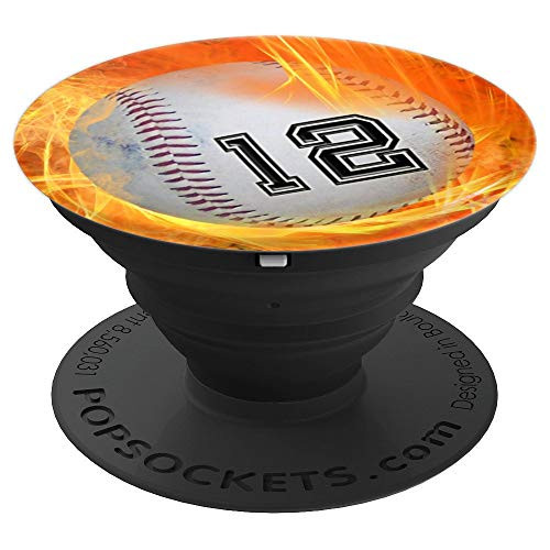 Baseball Number "12" Lucky Number Fire Flame - Baseball - PopSockets Grip and Stand for Phones and Tablets