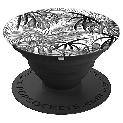 Tropical Palm Fronds Leaves Grey Black White Nature - PopSockets Grip and Stand for Phones and Tablets