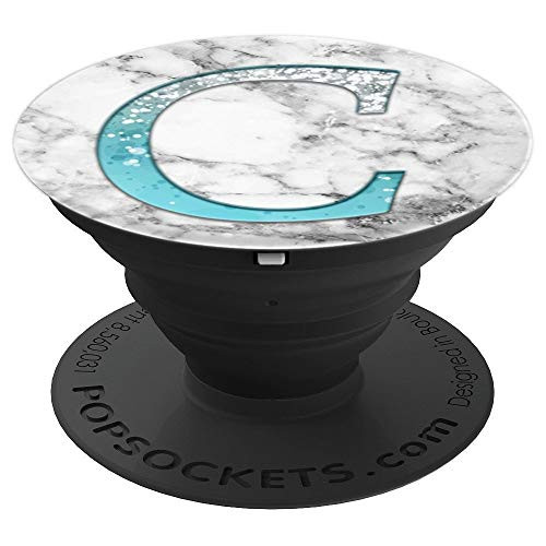 White Silver Blue Letter C Monogram On Gray Marbled Look - PopSockets Grip and Stand for Phones and Tablets