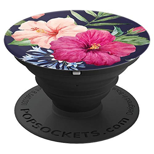 Hibiscus Flower Pattern On Black Background Cute Floral Grip - PopSockets Grip and Stand for Phones and Tablets
