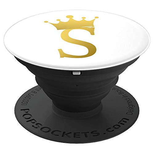 Crown, Gold Letter S Initial Monogram, White - PopSockets Grip and Stand for Phones and Tablets