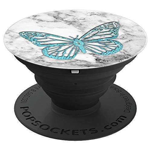 Silver Blue Butterfly On White Gray Marbled Look - PopSockets Grip and Stand for Phones and Tablets