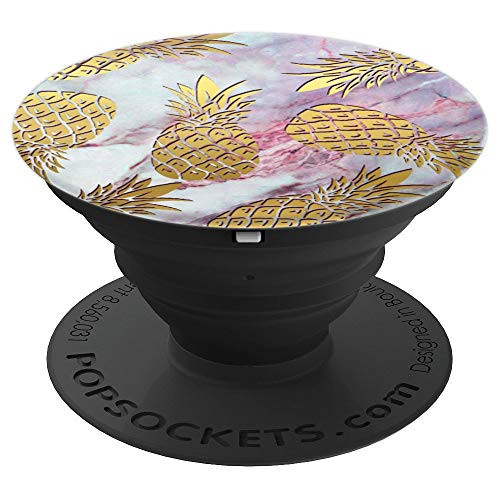 Golden Pineapple Pattern on a Pink Blue Marbled Look - PopSockets Grip and Stand for Phones and Tablets