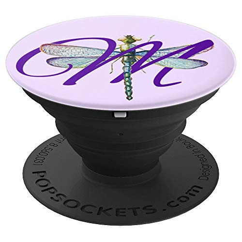 Alphabet Letter Purple M Initial on Lilac with Dragonfly - PopSockets Grip and Stand for Phones and Tablets