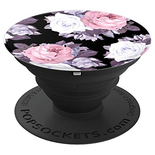 Floral Print Rose Purple White Flower On Black - PopSockets Grip and Stand for Phones and Tablets