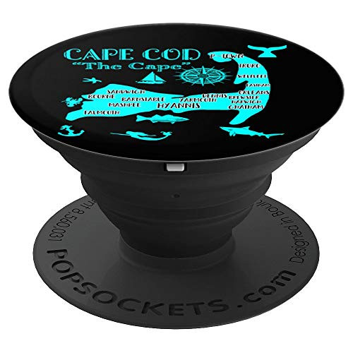 Map of Cape Cod Aqua Blue Black Nautical Symbols Mermaid - PopSockets Grip and Stand for Phones and Tablets