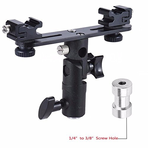 EXMAX E2 Adjustable Double Flash Bracket Dual Hot Shoe Speedlight Stand Umbrella Holder Light Stand Bracket Mount 1/4" to 3/8'' for Studio Video DSLR Camera Canon Nikon Yongnuo