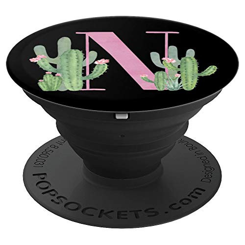 Cactus Cacti Pink Black Watercolor Monogram Initial Letter N - PopSockets Grip and Stand for Phones and Tablets
