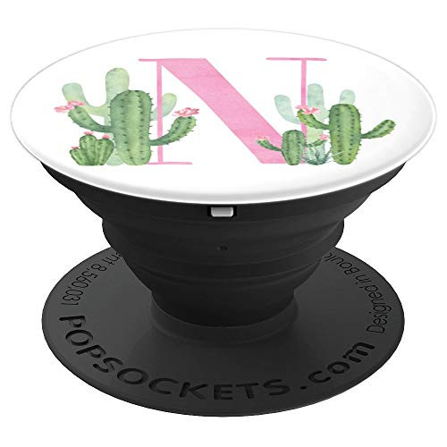 Cactus Cacti Pink White Watercolor Monogram Initial Letter N - PopSockets Grip and Stand for Phones and Tablets