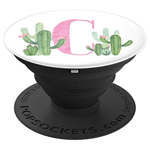 Cactus Cacti Pink White Watercolor Monogram Initial Letter C - PopSockets Grip and Stand for Phones and Tablets