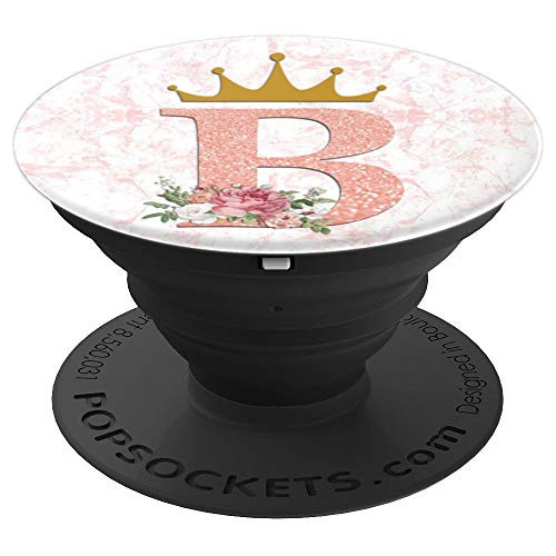 Rose Gold Letter B Floral Initial Monogram & Crown on Marble - PopSockets Grip and Stand for Phones and Tablets