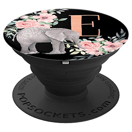 Elephant Flowers Black Monogram Name Initial Letter E - PopSockets Grip and Stand for Phones and Tablets