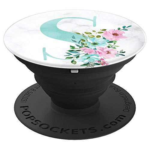 Mint Pink Floral Flowers Marble Monogram Initial Letter S - PopSockets Grip and Stand for Phones and Tablets