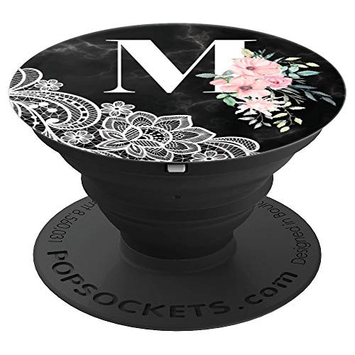 Lace Black Marble Pink Flowers Monogram Initial Letter M - PopSockets Grip and Stand for Phones and Tablets
