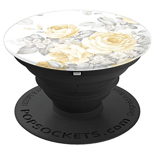 White Vintage Floral Print, Yellow Silver Flowers, Gray Grey - PopSockets Grip and Stand for Phones and Tablets