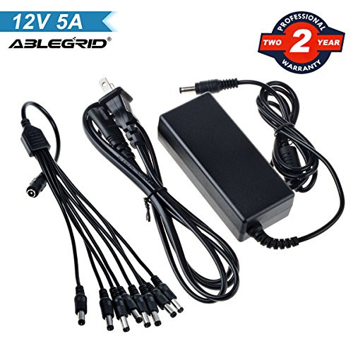 ABLEGRID Swann Lorex Q-See Security Camera Power Adapter 12V 5A 60W 2-Prong Plug 100V-240V AC to DC 2.5x5.5mm w/8-Way Power Splitter Cable Power Supply for CCTV Security Camera DVR, LED Strip Lights