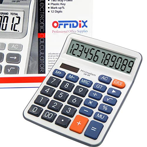 OFFIDIX Calculators, Standard Function Desktop Calculator, Desk Large Key Calculator, Dual Power Electronic Calculator Portable 12 Digit Large Display Calculator (Battery Included)