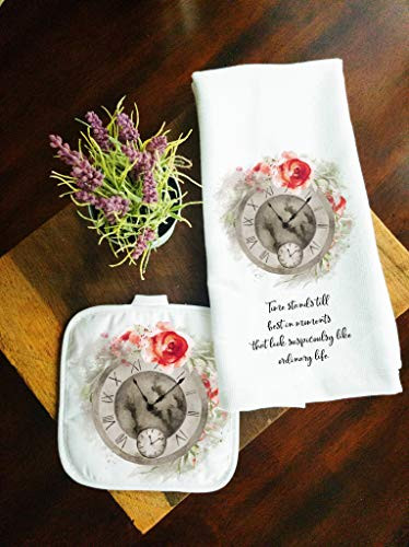 Kitchen Towel and Potholder Home Decor Gift Set Time Stands Still