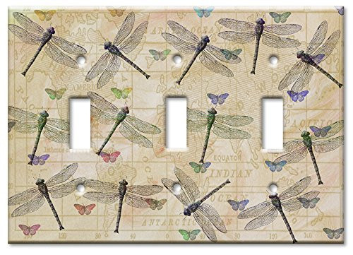 Art Plates - Triple Gang Toggle OVERSIZE Switch Plate/OVER SIZE Wall Plate - Dragonflies & Butterflies