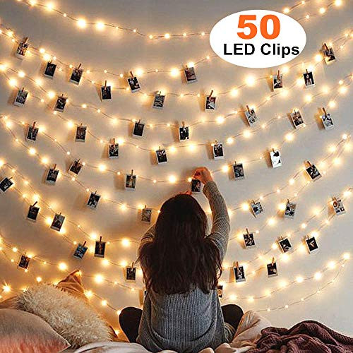 MZD8391 50 Photo Clips String Lights/Holder, Indoor Fairy String Lights for Hanging Photos Pictures Cards and Memos, Ideal Gift Photo Clip Holder (Warm White)