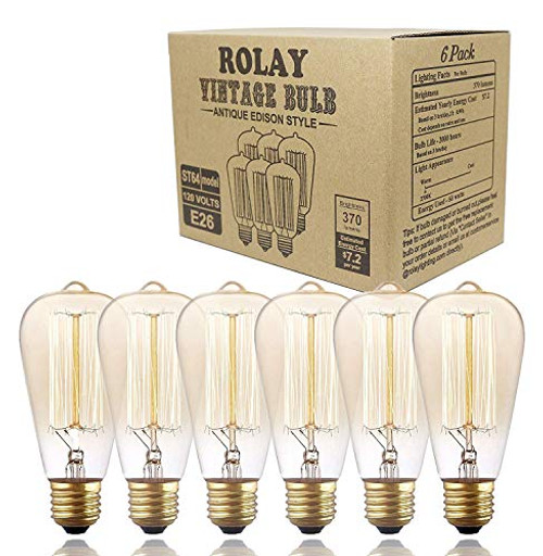 6-Pack Edison Light Bulbs, Rolay Clear Glass Antique Vintage Style Light, Amber Warm, Dimmable (60w/110v)