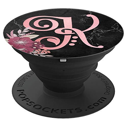 Rose Letter K Monogram Initial Pink Flowers Black - PopSockets Grip and Stand for Phones and Tablets