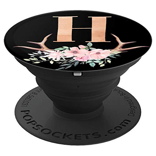 Antlers Black Initial Monogram Rose Pink Flowers Letter H - PopSockets Grip and Stand for Phones and Tablets