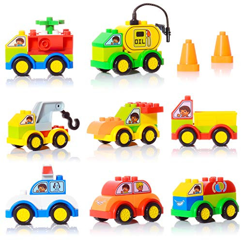 EXERCISE N PLAY 48 Pieces Build Your Own Toy Cars Set Building Blocks Building Bricks, 8 Toddler Vehicles Early Educational Trucks Toys for Kids, Boys and Girls Gifts with Storage Box 