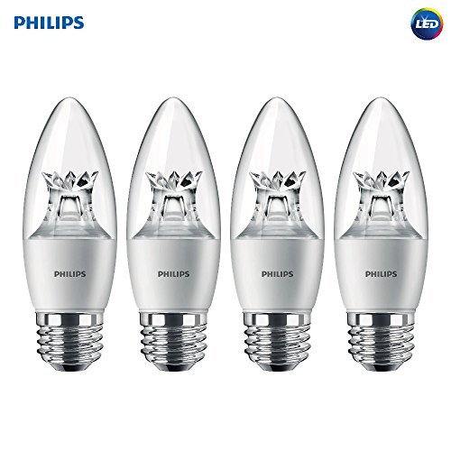 Philips LED Dimmable B12 Soft White Light Bulb with Warm Glow Effect 500-Lumen, 2700-2200-Kelvin, 7-Watt (60-Watt Equivalent), E26 Base, Clear, 4-Pack