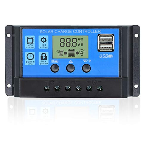 ZOOKOTO 30A Solar Charge Controller, 12V/24V PWM Auto Paremeter Adjustable Solar Panel Battery Intelligent Regulator with LCD Display Dual USB Load Timer Setting ON/Off Hours