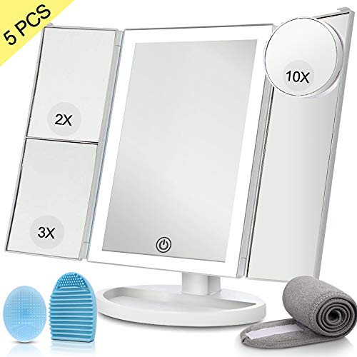 KINBON Makeup Mirror with Vanity Makeup Mirror, Tri-Fold Lighted Makeup Mirror with 3X/2X/10X Magnifying LED Mirror, Cosmetic Mirror 180 Degree Rotation Adjustable Stand, Dual Power Supply (White)