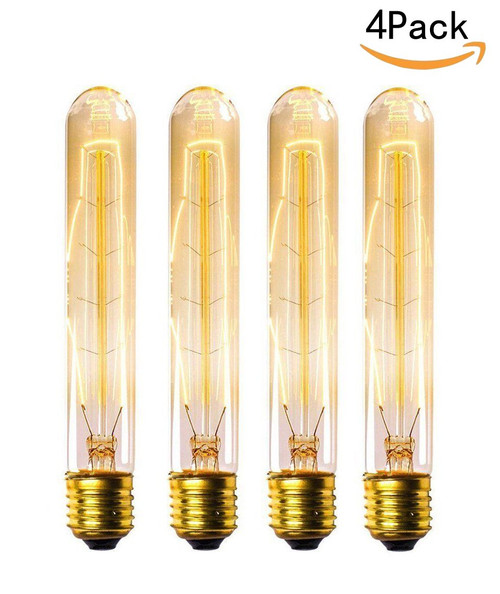 CTKcom T9/T185 40W Vintage Edison Light Bulbs E26 E27 Base(4 Pack)- Tubular Bulb Nostalgic Tungsten Filament Antique Incandescent Bulb Golden Tinted Glass For Industrial Wall Sconces Pendant Lighting