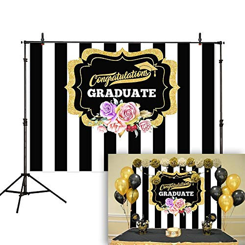 Allenjoy 7x5ft Graduation Prom Photography Backdrop Golden Bachelor Hat Flower Decoration Black and White Striped Background Congrats School Student Grad Praty Cake Table Banner Photo Booth Props