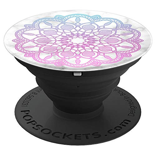 Mandala White Marble PopSocket Teal Pink Blue Purple Flower - PopSockets Grip and Stand for Phones and Tablets