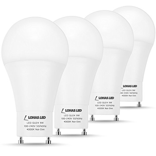LOHAS GU24 LED A19 Light Bulb, LED Light Bulbs, 9w(60w Equivalent), 810 Lumens, for CFL, Incandescent Bulbs, Non-Dimmable, 240 Degree Beam Angle, 4000K(Natural White), Indoor/Outdoor Light, (4 Pack)