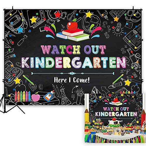 Funnytree 7x5ft Back to School Theme Party Backdrop Watch Out Kindergarten Here I Come Photography Background Cartoon Blackboard Chalk Pencil Painting Baby Cake Table Decoration Banner Photo Booth