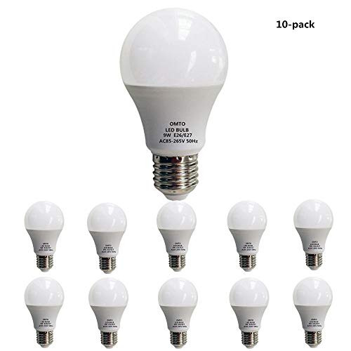 OMTO E26/E27 A19 LED Frosted Light Bulb 9W (60W Equivalent) White (6000K) 85-265V (White, 10pcs)