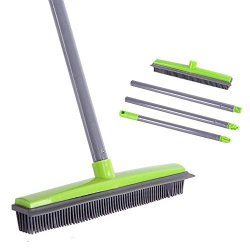 Soft Push Broom Bristle 59'' Rubber Broom Carpet Sweeper with Squeegee Adjustable Long Handle, Removal Pet Human Hair