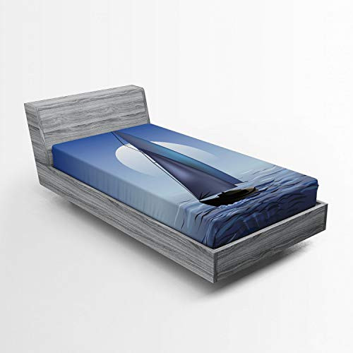 Ambesonne Nautical Fitted Sheet, Sailing Boat in Moonrise Dramatic Sky Ocean Reflections Wavy Serene Illustration, Bed Cover with All-Round Elastic Deep Pocket for Comfort, Twin XL Size, Violet Blue