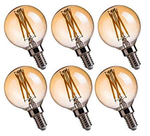 FLSNT LED Globle Candelabra Base Edison Bulbs 40 Watts Equivalent,4.5W,E12 Base,2200K Soft Warm White,Dimmable,G16.5,CRI80,330LM,Amber Glass Finishing,6 Pack
