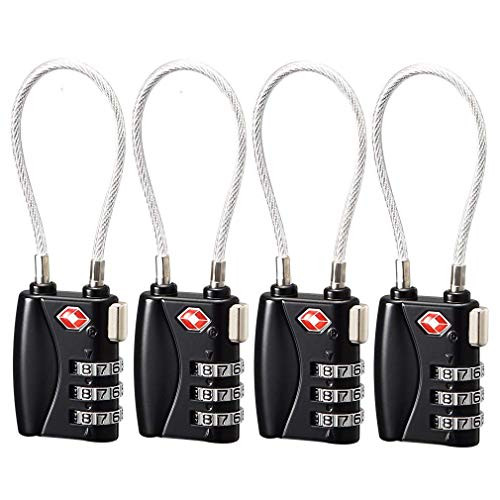 TSA Approved Luggage Locks, Alloy Cable Lock and 3 Digit Combination Resettable Padlocks for Travel Suitcase & Backpacks - 4 Pack
