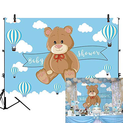 Allenjoy 7X5ft Cartoon Bear Baby Shower Backdrop Infant Newborn Baby It's a Boy Prince Welcome Baby Blue Hot Air Balloons Photography Background Cake Table Banner Decorations Photo Booth Props