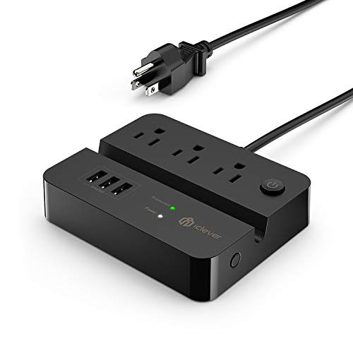 iClever USB Power Strip Surge Protector, 3 Outlets 3 USB Ports Desktop Charging Station 5ft Extension Cord with Phone/Tablet Holder & Overload Protection for Travel, Nightstand and Office - Black